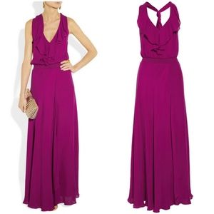Haute Hippie Ruffle Silk Georgette Gown Maxi Dress with Thigh Slit